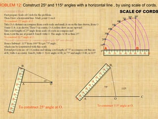 100
200
300
400
500
600
700
800 900
00
0 10 20 4030 7050 60 9080
OA
ROBLEM 12: Construct 250
and 1150
angles with a horizontal line , by using scale of cords.
B1
750
1150
0
10
20
40
30
70
50
60
90
80
B
250
0
10
20
40
30
70
5060
90
80
A O
O
C
A
To construct 250
angle at O. To construct 1150
angle at O.
 