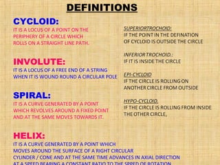 CYCLOID:
IT IS A LOCUS OF A POINT ON THE
PERIPHERY OF A CIRCLE WHICH
ROLLS ON A STRAIGHT LINE PATH.
INVOLUTE:
IT IS A LOCUS OF A FREE END OF A STRING
WHEN IT IS WOUND ROUND A CIRCULAR POLE
SPIRAL:
IT IS A CURVE GENERATED BY A POINT
WHICH REVOLVES AROUND A FIXED POINT
AND AT THE SAME MOVES TOWARDS IT.
HELIX:
IT IS A CURVE GENERATED BY A POINT WHICH
MOVES AROUND THE SURFACE OF A RIGHT CIRCULAR
CYLINDER / CONE AND AT THE SAME TIME ADVANCES IN AXIAL DIRECTION
DEFINITIONS
 