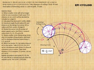 C
C1
C2
C3 C4
C
5
C
8
C6
C7
EPI CYCLOID
P
O
R
r = CP
+
r
R
3600
=
1
2
3
4 5
6
7
Generating/
Rolling Circle
Directing Circle
PROBLEM 25: DRAW LOCUS OF A POINT ON THE PERIPHERY OF A CIRCLE
WHICH ROLLS ON A CURVED PATH. Take diameter of rolling Circle 50 mm
And radius of directing circle i.e. curved path, 75 mm.
Solution Steps:
1) When smaller circle will roll on larger
circle for one revolution it will cover Π D
distance on arc and it will be decided by
included arc angle θ.
2) Calculate θ by formula θ = (r/R) x 3600.
3) Construct angle θ with radius OC and
draw an arc by taking O as center OC as
radius and form sector of angle θ.
4) Divide this sector into 8 number of
equal angular parts. And from C onward
name them C1, C2, C3 up to C8.
5) Divide smaller circle (Generating circle)
also in 8 number of equal parts. And next
to P in clockwise direction name those 1,
2, 3, up to 8.
6) With O as center, O-1 as radius draw an
arc in the sector. Take O-2, O-3, O-4, O-5
up to O-8 distances with center O, draw all
concentric arcs in sector. Take fixed
distance C-P in compass, C1 center, cut arc
of 1 at P1.
Repeat procedure and locate P2, P3, P4,
P5 unto P8 (as in cycloid) and join them by
smooth curve. This is EPI – CYCLOID.
 