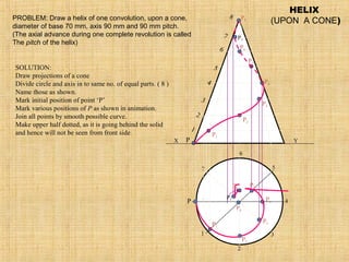 P
1
2
3
4
5
6
7
1
2
3
4
5
6
7
8
P
P1
P2
P3
P4
P5
P6
P7
P8
P1
P2
P3
P4
P5P6
P7
P8
X Y
HELIX
(UPON A CONE)PROBLEM: Draw a helix of one convolution, upon a cone,
diameter of base 70 mm, axis 90 mm and 90 mm pitch.
(The axial advance during one complete revolution is called
The pitch of the helix)
SOLUTION:
Draw projections of a cone
Divide circle and axis in to same no. of equal parts. ( 8 )
Name those as shown.
Mark initial position of point ‘P’
Mark various positions of P as shown in animation.
Join all points by smooth possible curve.
Make upper half dotted, as it is going behind the solid
and hence will not be seen from front side.
 