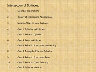 Intersection of Surfaces:
1. Essential Information:
2. Display of Engineering Applications:
3. Solution Steps to solve Problem:
4. Case 1: Cylinder to Cylinder:
5. Case 2: Prism to Cylinder:
6. Case 3: Cone to Cylinder
7. Case 4: Prism to Prism: Axis Intersecting.
8. Case 5: Triangular Prism to Cylinder
9. Case 6: Prism to Prism: Axis Skew
10. Case 7 Prism to Cone: from top:
11. Case 8: Cylinder to Cone:
 