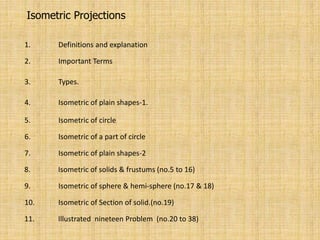 Isometric Projections
1. Definitions and explanation
2. Important Terms
3. Types.
4. Isometric of plain shapes-1.
5. Isometric of circle
6. Isometric of a part of circle
7. Isometric of plain shapes-2
8. Isometric of solids & frustums (no.5 to 16)
9. Isometric of sphere & hemi-sphere (no.17 & 18)
10. Isometric of Section of solid.(no.19)
11. Illustrated nineteen Problem (no.20 to 38)
 