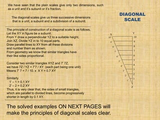 We have seen that the plain scales give only two dimensions, such
as a unit and it’s subunit or it’s fraction.
1
2
3
4
5
6
7
8
9
10
X
Y
Z
The principle of construction of a diagonal scale is as follows.
Let the XY in figure be a subunit.
From Y draw a perpendicular YZ to a suitable height.
Join XZ. Divide YZ in to 10 equal parts.
Draw parallel lines to XY from all these divisions
and number them as shown.
From geometry we know that similar triangles have
their like sides proportional.
Consider two similar triangles XYZ and 7’ 7Z,
we have 7Z / YZ = 7’7 / XY (each part being one unit)
Means 7’ 7 = 7 / 10. x X Y = 0.7 XY
:.
Similarly
1’ – 1 = 0.1 XY
2’ – 2 = 0.2 XY
Thus, it is very clear that, the sides of small triangles,
which are parallel to divided lines, become progressively
shorter in length by 0.1 XY.
The solved examples ON NEXT PAGES will
make the principles of diagonal scales clear.
The diagonal scales give us three successive dimensions
that is a unit, a subunit and a subdivision of a subunit.
DIAGONAL
SCALE
 