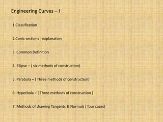 Engineering Curves – I
1.Classification
2.Conic sections - explanation
3. Common Definition
4. Ellipse – ( six methods of construction)
5. Parabola – ( Three methods of construction)
6. Hyperbola – ( Three methods of construction )
7. Methods of drawing Tangents & Normals ( four cases)
 