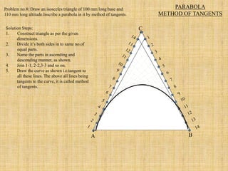 C
A B
PARABOLA
METHOD OF TANGENTS
Problem no.8: Draw an isosceles triangle of 100 mm long base and
110 mm long altitude.Inscribe a parabola in it by method of tangents.
Solution Steps:
1. Construct triangle as per the given
dimensions.
2. Divide it’s both sides in to same no.of
equal parts.
3. Name the parts in ascending and
descending manner, as shown.
4. Join 1-1, 2-2,3-3 and so on.
5. Draw the curve as shown i.e.tangent to
all these lines. The above all lines being
tangents to the curve, it is called method
of tangents.
 