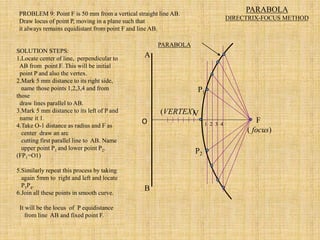 A
B
V
PARABOLA
(VERTEX)
F
( focus)
1 2 3 4
PARABOLA
DIRECTRIX-FOCUS METHOD
SOLUTION STEPS:
1.Locate center of line, perpendicular to
AB from point F. This will be initial
point P and also the vertex.
2.Mark 5 mm distance to its right side,
name those points 1,2,3,4 and from
those
draw lines parallel to AB.
3.Mark 5 mm distance to its left of P and
name it 1.
4.Take O-1 distance as radius and F as
center draw an arc
cutting first parallel line to AB. Name
upper point P1 and lower point P2.
(FP1=O1)
5.Similarly repeat this process by taking
again 5mm to right and left and locate
P3P4.
6.Join all these points in smooth curve.
It will be the locus of P equidistance
from line AB and fixed point F.
PROBLEM 9: Point F is 50 mm from a vertical straight line AB.
Draw locus of point P, moving in a plane such that
it always remains equidistant from point F and line AB.
O
P1
P2
 