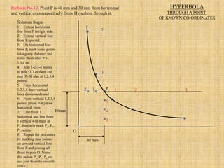 P
O
40 mm
30 mm
1
2
3
1
2 1 2 3
1
2
HYPERBOLA
THROUGH A POINT
OF KNOWN CO-ORDINATES
Solution Steps:
1) Extend horizontal
line from P to right side.
2) Extend vertical line
from P upward.
3) On horizontal line
from P, mark some points
taking any distance and
name them after P-1,
2,3,4 etc.
4) Join 1-2-3-4 points
to pole O. Let them cut
part [P-B] also at 1,2,3,4
points.
5) From horizontal
1,2,3,4 draw vertical
lines downwards and
6) From vertical 1,2,3,4
points [from P-B] draw
horizontal lines.
7) Line from 1
horizontal and line from
1 vertical will meet at
P1.Similarly mark P2, P3,
P4 points.
8) Repeat the procedure
by marking four points
on upward vertical line
from P and joining all
those to pole O. Name
this points P6, P7, P8 etc.
and join them by smooth
curve.
Problem No.10: Point P is 40 mm and 30 mm from horizontal
and vertical axes respectively.Draw Hyperbola through it.
 