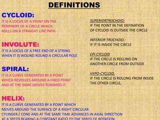 CYCLOID:
IT IS A LOCUS OF A POINT ON THE
PERIPHERY OF A CIRCLE WHICH
ROLLS ON A STRAIGHT LINE PATH.
INVOLUTE:
IT IS A LOCUS OF A FREE END OF A STRING
WHEN IT IS WOUND ROUND A CIRCULAR POLE
SPIRAL:
IT IS A CURVE GENERATED BY A POINT
WHICH REVOLVES AROUND A FIXED POINT
AND AT THE SAME MOVES TOWARDS IT.
HELIX:
IT IS A CURVE GENERATED BY A POINT WHICH
MOVES AROUND THE SURFACE OF A RIGHT CIRCULAR
CYLINDER / CONE AND AT THE SAME TIME ADVANCES IN AXIAL DIRECTION
DEFINITIONS
SUPERIORTROCHOID:
IF THE POINT IN THE DEFINATION
OF CYCLOID IS OUTSIDE THE CIRCLE
INFERIOR TROCHOID.:
IF IT IS INSIDE THE CIRCLE
EPI-CYCLOID
IF THE CIRCLE IS ROLLING ON
ANOTHER CIRCLE FROM OUTSIDE
HYPO-CYCLOID.
IF THE CIRCLE IS ROLLING FROM INSIDE
THE OTHER CIRCLE,
 