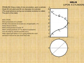 1
2
3
4
5
6
7
8
P
P1
P
P2
P3
P4
P5
P6
P7
P8
1
2
3
4
5
6
7
HELIX
(UPON A CYLINDER)
PROBLEM: Draw a helix of one convolution, upon a cylinder.
Given 80 mm pitch and 50 mm diameter of a cylinder.
(The axial advance during one complete revolution is called
The pitch of the helix)
SOLUTION:
Draw projections of a cylinder.
Divide circle and axis in to same no. of equal parts. ( 8 )
Name those as shown.
Mark initial position of point ‘P’
Mark various positions of P as shown in animation.
Join all points by smooth possible curve.
Make upper half dotted, as it is going behind the solid
and hence will not be seen from front side.
 