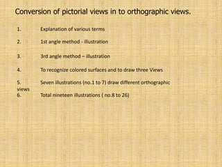 Conversion of pictorial views in to orthographic views.
1. Explanation of various terms
2. 1st angle method - illustration
3. 3rd angle method – illustration
4. To recognize colored surfaces and to draw three Views
5. Seven illustrations (no.1 to 7) draw different orthographic
views
6. Total nineteen illustrations ( no.8 to 26)
 