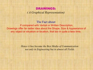 DRAWINGS:
( A Graphical Representation)
The Fact about:
If compared with Verbal or Written Description,
Drawings offer far better idea about the Shape, Size & Appearance of
any object or situation or location, that too in quite a less time.
Hence it has become the Best Media of Communication
not only in Engineering but in almost all Fields.
 