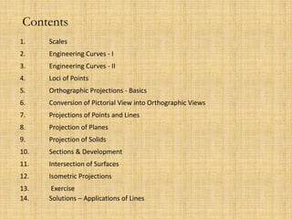 Contents
1. Scales
2. Engineering Curves - I
3. Engineering Curves - II
4. Loci of Points
5. Orthographic Projections - Basics
6. Conversion of Pictorial View into Orthographic Views
7. Projections of Points and Lines
8. Projection of Planes
9. Projection of Solids
10. Sections & Development
11. Intersection of Surfaces
12. Isometric Projections
13. Exercise
14. Solutions – Applications of Lines
 