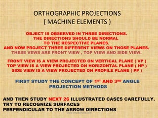 ORTHOGRAPHIC PROJECTIONS
{ MACHINE ELEMENTS }
OBJECT IS OBSERVED IN THREE DIRECTIONS.
THE DIRECTIONS SHOULD BE NORMAL
TO THE RESPECTIVE PLANES.
AND NOW PROJECT THREE DIFFERENT VIEWS ON THOSE PLANES.
THESE VEWS ARE FRONT VIEW , TOP VIEW AND SIDE VIEW.
FRONT VIEW IS A VIEW PROJECTED ON VERTICAL PLANE ( VP )
TOP VIEW IS A VIEW PROJECTED ON HORIZONTAL PLANE ( HP )
SIDE VIEW IS A VIEW PROJECTED ON PROFILE PLANE ( PP )
AND THEN STUDY NEXT 26 ILLUSTRATED CASES CAREFULLY.
TRY TO RECOGNIZE SURFACES
PERPENDICULAR TO THE ARROW DIRECTIONS
FIRST STUDY THE CONCEPT OF 1ST
AND 3RD
ANGLE
PROJECTION METHODS
www.smartzworld.com 1
 