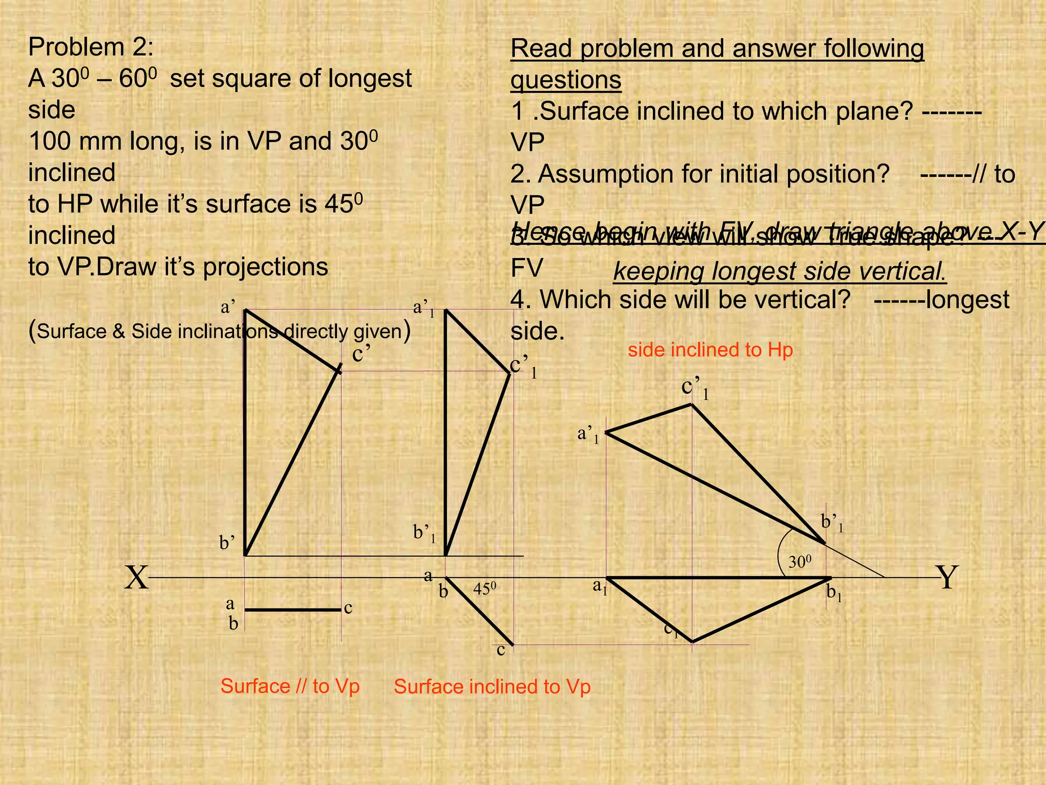Problem 2:
A 300 – 600 set square of longest
side
100 mm long, is in VP and 300
inclined
to HP while it’s surface is 450
inclined
to VP.Draw it’s projections
(Surface & Side inclinations directly given)
Read problem and answer following
questions
1 .Surface inclined to which plane? -------
VP
2. Assumption for initial position? ------// to
VP
3. So which view will show True shape? ---
FV
4. Which side will be vertical? ------longest
side.
c1
X Y
300
450
a’1
b’1
c’1
a
c
a’
a
b1
b’
b
a1
b
c
a’1
b’1
c’1
c’
Hence begin with FV, draw triangle above X-Y
keeping longest side vertical.
Surface // to Vp Surface inclined to Vp
side inclined to Hp
 