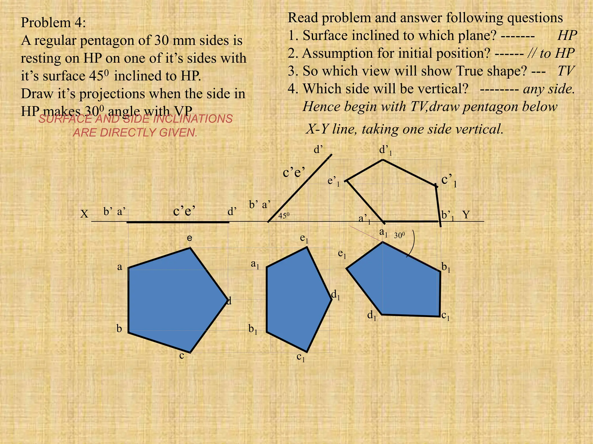 Read problem and answer following questions
1. Surface inclined to which plane? ------- HP
2. Assumption for initial position? ------ // to HP
3. So which view will show True shape? --- TV
4. Which side will be vertical? -------- any side.
Hence begin with TV,draw pentagon below
X-Y line, taking one side vertical.
Problem 4:
A regular pentagon of 30 mm sides is
resting on HP on one of it’s sides with
it’s surface 450 inclined to HP.
Draw it’s projections when the side in
HP makes 300 angle with VP
a’
b’ d’
b1
d
c1
a
c’e’
b
c
d1
b’1
a1
e’1 c’1
d’1
a1
b1
c1
d1
d’
a’
b’
c’e’
e1
e1
a’1
X Y
450
300
e
SURFACE AND SIDE INCLINATIONS
ARE DIRECTLY GIVEN.
 