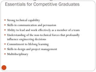 Essentials for Competitive Graduates
 Strong technical capability
 Skills in communication and persuasion
 Ability to lead and work effectively as a member of a team
 Understanding of the non-technical forces that profoundly
influence engineering decisions
 Commitment to lifelong learning
 Skills in design and project management
 Multidisciplinary
 