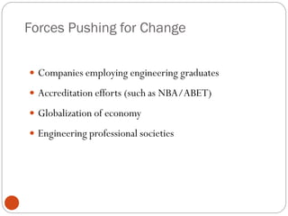 Forces Pushing for Change
 Companies employing engineering graduates
 Accreditation efforts (such as NBA/ABET)
 Globalization of economy
 Engineering professional societies
 