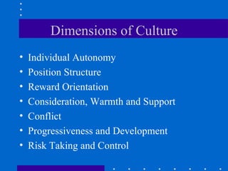 Dimensions of Culture Individual Autonomy Position Structure Reward Orientation Consideration, Warmth and Support Conflict Progressiveness and Development Risk Taking and Control  