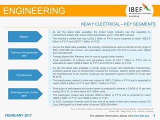 99FEBRUARY 2017 For updated information, please visit www.ibef.org
HEAVY ELECTRICAL – KEY SEGMENTS
Source: Ministry of Heavy Industries and Public Enterprise Annual Report, TechSci Research
Notes: MW - Mega Watt, KVA - KiloVolt - Ampere
ENGINEERING
Boilers
• As per the latest data available, the Indian boiler industry has the capability to
manufacture boilers with super critical parameters up to 1,000 MW unit size
• The industry’s market size was USD2.2 billion in FY15 and is expected to reach USD5.8
billion in FY17 and USD11.7 billion in FY22
Turbines and generator
sets
• As per the latest data available, the industry manufactures various turbines in the range of
800–7,000 MW per annum, and generators ranging from 0.5 KVA to (ones even higher
than) 25,000 KVA.
• Foreign players like Siemens also in race to supply Indian market.
• Total production of turbines and generators stood at US1.1 billion in FY15 and is
estimated to reach USD6.6 billion by FY17 and USD13.4 billion by FY22.
Transformers
• As per the latest data available, a whole range of power and distribution transformers,
including special type of transformers required for furnaces, electric tracts and rectifiers,
are manufactured in the country, revenues are expected to grow at CAGR of 14 per cent
till 2018
• The transformers market in India was valued at USD1.7 billion in FY15 and is expected to
reach USD5.9 billion in FY17 and USD11.1 billion in FY22
Switchgear and control
gear
• Production of switchgears and control gears is projected to witness a CAGR of 10 per cent
during 2012-17, to reach about 33.7 million units
• The switchgear market size touched USD2.4 billion in FY15 and is projected to reach
USD4.4 billion in FY17 and USD8.2 billion in FY22
• In 2015, Crompton Greaves sold 50 per cent of its stake to their joint venture partner CG
Lucy Switchgear for a deal value of around USD6.58 million
 