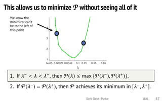 David Gleich · Purdue
P satisﬁes the following two properties:
1. If < < +, then P( )  max {P( ), P( +)}.
2. If P( ) = P( +), then P achieves its minimum in [ , +].
1e-05 0.00022 0.0046 0.1 0.25 0.55 0.85
1
2
3
4
RatiotoLPbound
We know the
minimizer can’t
be to the left of
this point
47
This allows us to minimize P without seeing all of it
LLNL
 