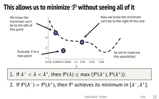 1e-05 0.00022 0.0046 0.1 0.25 0.55 0.85
1
2
3
4
RatiotoLPbound
David Gleich · Purdue
P satisﬁes the following two properties:
1. If < < +, then P( )  max {P( ), P( +)}.
2. If P( ) = P( +), then P achieves its minimum in [ , +].
We know the
minimizer can’t
be to the left of
this point
Evaluate P at a
new point
50
So we’ve ruled out
this possibility!
Now we know the minimizer
can’t be to the right of this one
This allows us to minimize P without seeing all of it
LLNL
 