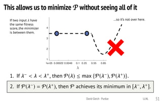 1e-05 0.00022 0.0046 0.1 0.25 0.55 0.85
1
2
3
4
RatiotoLPbound
David Gleich · Purdue
P satisﬁes the following two properties:
1. If < < +, then P( )  max {P( ), P( +)}.
2. If P( ) = P( +), then P achieves its minimum in [ , +].
If two input ! have
the same fitness
score, the minimizer
is between them.
51
…so it’s not over here.
This allows us to minimize P without seeing all of it
LLNL
 