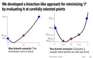 David Gleich · Purdue
We developed a bisection-like approach for minimizing P
by evaluating it at carefully selected points
One branch scenario: The
minimizer isn’t in [m,r]
Two branch scenario: Evaluate a
couple more points to rule out [m,r]
52LLNL
 