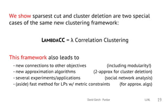 We show sparsest cut and cluster deletion are two special
cases of the same new clustering framework:
LAMBDACC = λ Correla...