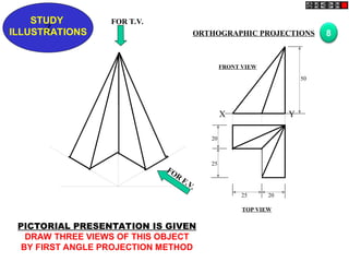 Z
STUDY
ILLUSTRATIONS
X Y
50
20
25
25 20
FOR T.V.
FOR
F.V.
PICTORIAL PRESENTATION IS GIVEN
DRAW THREE VIEWS OF THIS OBJECT
BY FIRST ANGLE PROJECTION METHOD
8
ORTHOGRAPHIC PROJECTIONS
FRONT VIEW
TOP VIEW
 