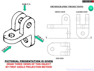FOR T.V.
FOR
S.V.
FOR
F.V.
PICTORIAL PRESENTATION IS GIVEN
DRAW THREE VIEWS OF THIS OBJECT
BY FIRST ANGLE PROJECTION METHOD
11
ORTHOGRAPHIC PROJECTIONS
FRONT VIEW
TOP VIEW
L.H.SIDE VIEW
X Y
Themechangers.blogspot.in
 
