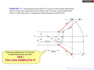 PROBLEM 11 :- The projectors drawn from VT & end A of line AB are 40mm apart.
End A is 15mm above Hp and 25 mm in front of Vp. VT of line is 20 mm below Hp.
If line is 75mm long, draw it’s projections, find inclinations with HP & Vp
X Y
40mm
15
20
25
v
VT’
a’
a
a1’
b1’
b’
b
TV
FV
75m
m
b1


Draw two projectors for VT & end A
Locate these points and then
YES !
YOU CAN COMPLETE IT.
Themechangers.blogspot.in
 