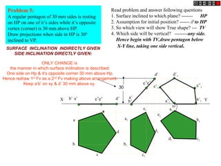 Problem 5:
A regular pentagon of 30 mm sides is resting
on HP on one of it’s sides while it’s opposite
vertex (corner) is 30 mm above HP.
Draw projections when side in HP is 300
inclined to VP.
Read problem and answer following questions
1. Surface inclined to which plane? ------- HP
2. Assumption for initial position? ------ // to HP
3. So which view will show True shape? --- TV
4. Which side will be vertical? --------any side.
Hence begin with TV,draw pentagon below
X-Y line, taking one side vertical.
b’
d’
a’
c’e’
a1
b1
c1
d1
e1
b1
c1
d1
a1
e1
b’1
e’1
c’1
d’1
a’1
X Y
a’
b’ d’
c’e’
30
a
b
c
d
e
300
SURFACE INCLINATION INDIRECTLY GIVEN
SIDE INCLINATION DIRECTLY GIVEN:
ONLY CHANGE is
the manner in which surface inclination is described:
One side on Hp & it’s opposite corner 30 mm above Hp.
Hence redraw 1st
Fv as a 2nd
Fv making above arrangement.
Keep a’b’ on xy & d’ 30 mm above xy.
 