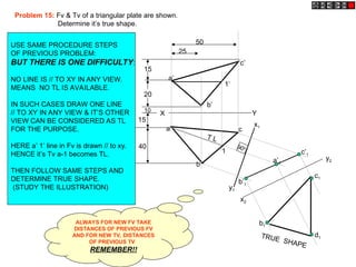 x1
y1
c’1
b’1
a’1
x2
y2
b1
c1
d1
TRUE SHAPE
900
c’
T L
X Y
a’
b’
b
c
a
10
20
15
15
1’
1
40
50
25
Problem 15: Fv & Tv of a triangular plate are shown.
Determine it’s true shape.
USE SAME PROCEDURE STEPS
OF PREVIOUS PROBLEM:
BUT THERE IS ONE DIFFICULTY:
NO LINE IS // TO XY IN ANY VIEW.
MEANS NO TL IS AVAILABLE.
IN SUCH CASES DRAW ONE LINE
// TO XY IN ANY VIEW & IT’S OTHER
VIEW CAN BE CONSIDERED AS TL
FOR THE PURPOSE.
HERE a’ 1’ line in Fv is drawn // to xy.
HENCE it’s Tv a-1 becomes TL.
THEN FOLLOW SAME STEPS AND
DETERMINE TRUE SHAPE.
(STUDY THE ILLUSTRATION)
ALWAYS FOR NEW FV TAKE
DISTANCES OF PREVIOUS FV
AND FOR NEW TV, DISTANCES
OF PREVIOUS TV
REMEMBER!!
 