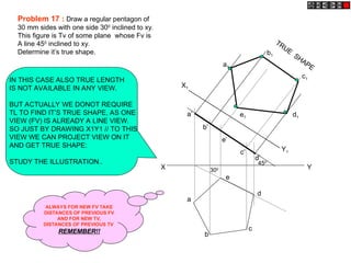 a
b
c
d
e
a’
b’
e’
c’
d’
a1
b1
e1 d1
c1
300
X Y
X1
Y1
450
TRUE
SHAPE
Problem 17 : Draw a regular pentagon of
30 mm sides with one side 300
inclined to xy.
This figure is Tv of some plane whose Fv is
A line 450
inclined to xy.
Determine it’s true shape.
IN THIS CASE ALSO TRUE LENGTH
IS NOT AVAILABLE IN ANY VIEW.
BUT ACTUALLY WE DONOT REQUIRE
TL TO FIND IT’S TRUE SHAPE, AS ONE
VIEW (FV) IS ALREADY A LINE VIEW.
SO JUST BY DRAWING X1Y1 // TO THIS
VIEW WE CAN PROJECT VIEW ON IT
AND GET TRUE SHAPE:
STUDY THE ILLUSTRATION..
ALWAYS FOR NEW FV TAKE
DISTANCES OF PREVIOUS FV
AND FOR NEW TV,
DISTANCES OF PREVIOUS TV
REMEMBER!!
 