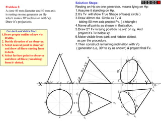 Problem 2:
A cone 40 mm diameter and 50 mm axis
is resting on one generator on Hp
which makes 300
inclination with Vp
Draw it’s projections.
h
a
b
c
d
e
g
f
X Y
a’ b’ d’ e’
c’ g
’
f’
h’
o’
a
’
h
’
b
’
e
’
c
’
g
’
d
’
f
’
o’
a1
h1
g1
f1
e1
d1
c1
b1
a1
c1
b1
d1
e1
f1
g1
h1
o1
a’1
b’1
c’1
d’1
e’1
f’1
g’1
h’1
o1
o1
30
Solution Steps:
Resting on Hp on one generator, means lying on Hp:
1.Assume it standing on Hp.
2.It’s Tv will show True Shape of base( circle )
3.Draw 40mm dia. Circle as Tv &
taking 50 mm axis project Fv. ( a triangle)
4.Name all points as shown in illustration.
5.Draw 2nd
Fv in lying position I.e.o’e’ on xy. And
project it’s Tv below xy.
6.Make visible lines dark and hidden dotted,
as per the procedure.
7.Then construct remaining inclination with Vp
( generator o1e1 300
to xy as shown) & project final Fv.
For dark and dotted lines
1.Draw proper outline of new vie
DARK.
2. Decide direction of an observer.
3. Select nearest point to observer
and draw all lines starting from
it-dark.
4. Select farthest point to observer
and draw all lines (remaining)
from it- dotted.
 