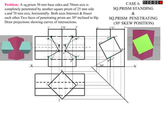X Y
a”
e”
b”
d”
1
2
3
4
1’ 2’4’ 3’ 4” 1”3” 2”
300
c”
f”
a’
f’
c’
d’
b’
e’
CASE 6.
SQ.PRISM STANDING
&
SQ.PRISM PENETRATING
(300
SKEW POSITION)
Problem: A sq.prism 30 mm base sides.and 70mm axis is
completely penetrated by another square prism of 25 mm side
s.and 70 mm axis, horizontally. Both axes Intersect & bisect
each other.Two faces of penetrating prism are 300
inclined to Hp.
Draw projections showing curves of intersections.
 