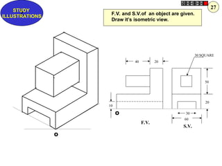 40 20
30 SQUARE
20
50
60
30
10
F.V.
S.V.
O
O
F.V. and S.V.of an object are given.
Draw it’s isometric view.
Z
STUDY
ILLUSTRATIONS
27
 