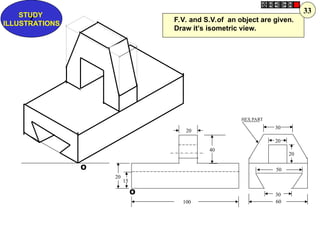 O
O
20
20
15
30
60
30
20
20
40
100
50
HEX PART
F.V. and S.V.of an object are given.
Draw it’s isometric view.
Z
STUDY
ILLUSTRATIONS
33
 