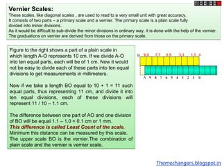 Figure to the right shows a part of a plain scale in
which length A-O represents 10 cm. If we divide A-O
into ten equal parts, each will be of 1 cm. Now it would
not be easy to divide each of these parts into ten equal
divisions to get measurements in millimeters.
Now if we take a length BO equal to 10 + 1 = 11 such
equal parts, thus representing 11 cm, and divide it into
ten equal divisions, each of these divisions will
represent 11 / 10 – 1.1 cm.
The difference between one part of AO and one division
of BO will be equal 1.1 – 1.0 = 0.1 cm or 1 mm.
This difference is called Least Count of the scale.
Minimum this distance can be measured by this scale.
The upper scale BO is the vernier.The combination of
plain scale and the vernier is vernier scale.
Vernier Scales:
These scales, like diagonal scales , are used to read to a very small unit with great accuracy.
It consists of two parts – a primary scale and a vernier. The primary scale is a plain scale fully
divided into minor divisions.
As it would be difficult to sub-divide the minor divisions in ordinary way, it is done with the help of the vernier.
The graduations on vernier are derived from those on the primary scale.
9.9 7.7 5.5 3.3 1.1
9 8 7 6 5 4 3 2 1 0
A
0
B
Themechangers.blogspot.in
 