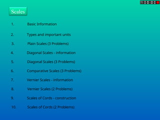 Scales
1. Basic Information
2. Types and important units
3. Plain Scales (3 Problems)
4. Diagonal Scales - information
5. Diagonal Scales (3 Problems)
6. Comparative Scales (3 Problems)
7. Vernier Scales - information
8. Vernier Scales (2 Problems)
9. Scales of Cords - construction
10. Scales of Cords (2 Problems)
 