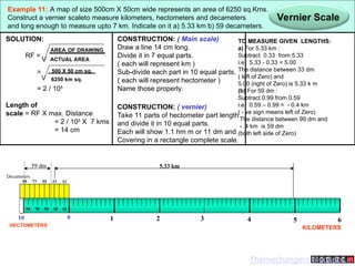 Example 11: A map of size 500cm X 50cm wide represents an area of 6250 sq.Kms.
Construct a vernier scaleto measure kilometers, hectometers and decameters
and long enough to measure upto 7 km. Indicate on it a) 5.33 km b) 59 decameters.
Vernier Scale
SOLUTION:
RF =
=
= 2 / 105
Length of
scale = RF X max. Distance
= 2 / 105
X 7 kms
= 14 cm
AREA OF DRAWING
ACTUAL AREA
V
500 X 50 cm sq.
6250 km sq.
V
CONSTRUCTION: ( vernier)
Take 11 parts of hectometer part length
and divide it in 10 equal parts.
Each will show 1.1 hm m or 11 dm and
Covering in a rectangle complete scale.
CONSTRUCTION: ( Main scale)
Draw a line 14 cm long.
Divide it in 7 equal parts.
( each will represent km )
Sub-divide each part in 10 equal parts.
( each will represent hectometer )
Name those properly.
KILOMETERS
HECTOMETERS
0 1 2 3
10 4 5 6
90 70 50 30 10
99 77 55 33 11
Decameters
TO MEASURE GIVEN LENGTHS:
a) For 5.33 km :
Subtract 0.33 from 5.33
i.e. 5.33 - 0.33 = 5.00
The distance between 33 dm
( left of Zero) and
5.00 (right of Zero) is 5.33 k m
(b) For 59 dm :
Subtract 0.99 from 0.59
i.e. 0.59 – 0.99 = - 0.4 km
( - ve sign means left of Zero)
The distance between 99 dm and
- .4 km is 59 dm
(both left side of Zero)
5.33 km
59 dm
Themechangers.blogspot.in
 