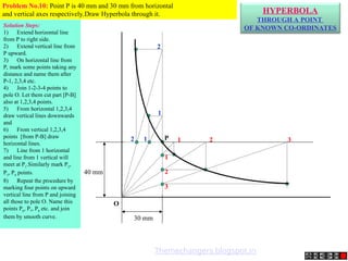 P
O
40 mm
30 mm
1
2
3
1
2 1 2 3
1
2
HYPERBOLA
THROUGH A POINT
OF KNOWN CO-ORDINATES
Solution Steps:
1) Extend horizontal line
from P to right side.
2) Extend vertical line from
P upward.
3) On horizontal line from
P, mark some points taking any
distance and name them after
P-1, 2,3,4 etc.
4) Join 1-2-3-4 points to
pole O. Let them cut part [P-B]
also at 1,2,3,4 points.
5) From horizontal 1,2,3,4
draw vertical lines downwards
and
6) From vertical 1,2,3,4
points [from P-B] draw
horizontal lines.
7) Line from 1 horizontal
and line from 1 vertical will
meet at P1
.Similarly mark P2
,
P3
, P4
points.
8) Repeat the procedure by
marking four points on upward
vertical line from P and joining
all those to pole O. Name this
points P6
, P7
, P8
etc. and join
them by smooth curve.
Problem No.10: Point P is 40 mm and 30 mm from horizontal
and vertical axes respectively.Draw Hyperbola through it.
Themechangers.blogspot.in
 