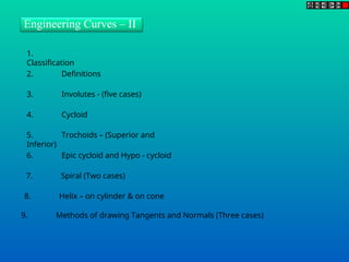 Engineering Curves – II
1.
Classification
2. Definitions
3. Involutes - (five cases)
4. Cycloid
5. Trochoids – (Superior and
Inferior)
6. Epic cycloid and Hypo - cycloid
7. Spiral (Two cases)
8. Helix – on cylinder & on cone
9. Methods of drawing Tangents and Normals (Three cases)
 