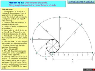 INVOLUTE OF A CIRCLE
Problem no 17: Draw Involute of a circle.
String length is equal to the circumference of circle.
1 2 3 4 5 6 7 8
P
P8
1
2
3
4
5
6
7
8
P3
3
to
p
P4
4 to p
P5
5
t
o
p
P7
7
to
p
P6
6
to
p
P2
2
to
p
P1
1
t
o
p

D
A
Solution Steps:
1) Point or end P of string AP is
exactly D distance away from A.
Means if this string is wound
round the circle, it will completely
cover given circle. B will meet A
after winding.
2) Divide D (AP) distance into 8
number of equal parts.
3) Divide circle also into 8 number
of equal parts.
4) Name after A, 1, 2, 3, 4, etc. up
to 8 on D line AP as well as on
circle (in anticlockwise direction).
5) To radius C-1, C-2, C-3 up to C-8
draw tangents (from 1,2,3,4,etc to
circle).
6) Take distance 1 to P in compass
and mark it on tangent from point
1 on circle (means one division
less than distance AP).
7) Name this point P1
8) Take 2-B distance in compass
and mark it on the tangent from
point 2. Name it point P2.
9) Similarly take 3 to P, 4 to P, 5 to
P up to 7 to P distance in compass
and mark on respective tangents
and locate P3, P4, P5 up to P8 (i.e.
A) points and join them in smooth
curve it is an INVOLUTE of a given
circle.
 