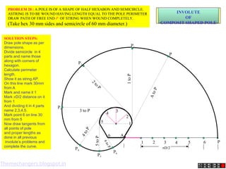 1
2
3
4
5
6
1 2 3 4 5 6
A
P
D/2
P1
1
to
P
P2
2
t
o
P
P3
3 to P
P4
4
t
o
P
P
A
t
o
P
P5
5
to
P
P6
6
t
o
P
INVOLUTE
OF
COMPOSIT SHAPED POLE
PROBLEM 20 : A POLE IS OF A SHAPE OF HALF HEXABON AND SEMICIRCLE.
ASTRING IS TO BE WOUND HAVING LENGTH EQUAL TO THE POLE PERIMETER
DRAW PATH OF FREE END P OF STRING WHEN WOUND COMPLETELY.
(Take hex 30 mm sides and semicircle of 60 mm diameter.)
SOLUTION STEPS:
Draw pole shape as per
dimensions.
Divide semicircle in 4
parts and name those
along with corners of
hexagon.
Calculate perimeter
length.
Show it as string AP.
On this line mark 30mm
from A
Mark and name it 1
Mark D/2 distance on it
from 1
And dividing it in 4 parts
name 2,3,4,5.
Mark point 6 on line 30
mm from 5
Now draw tangents from
all points of pole
and proper lengths as
done in all previous
involute’s problems and
complete the curve.
Themechangers.blogspot.in
 