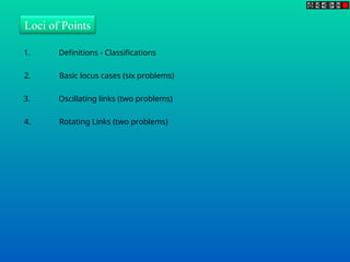 Loci of Points
1. Definitions - Classifications
2. Basic locus cases (six problems)
3. Oscillating links (two problems)
4. Rotating Links (two problems)
 