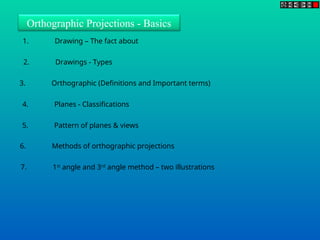 Orthographic Projections - Basics
1. Drawing – The fact about
2. Drawings - Types
3. Orthographic (Definitions and Important terms)
4. Planes - Classifications
5. Pattern of planes & views
6. Methods of orthographic projections
7. 1st
angle and 3rd
angle method – two illustrations
 