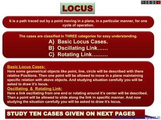 STUDY TEN CASES GIVEN ON NEXT PAGES
LOCUS
It is a path traced out by a point moving in a plane, in a particular manner, for one
cycle of operation.
The cases are classified in THREE categories for easy understanding.
A} Basic Locus Cases.
B} Oscillating Link……
C} Rotating Link………
Basic Locus Cases:
Here some geometrical objects like point, line, circle will be described with there
relative Positions. Then one point will be allowed to move in a plane maintaining
specific relation with above objects. And studying situation carefully you will be
asked to draw it’s locus.
Oscillating & Rotating Link:
Here a link oscillating from one end or rotating around it’s center will be described.
Then a point will be allowed to slide along the link in specific manner. And now
studying the situation carefully you will be asked to draw it’s locus.
Themechangers.blogspot.in
 