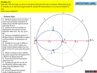 A B
A1
A2
A4
A5
A3
A6
A7
P
p1
p2
p3
p4
p5
p6
p7
p8
1 2 3 4
5
6
7
Problem 10 :
Rod AB, 100 mm long, revolves in clockwise direction for one revolution. Meanwhile point
P, initially on A starts moving towards B, reaches B And returns to A in one revolution of
rod.
Draw locus of point P.
Solution Steps
+ + + +
ROTATING LINK
1) AB Rod revolves around center
O for one revolution and point P
slides along rod AB reaches end B
and returns to A.
2) Divide circle in 8 number of
equal parts and name in arrow
direction after A-A1, A2, A3, up to
A8.
3) Distance traveled by point P is
AB plus AB mm. Divide AB in 4 parts
so those will be 8 equal parts on
return.
4) Initially P is on end A. When A
moves to A1, point P goes one
linear division (part) away from A1.
Mark it from A1 and name the point
P1.
5) When A moves to A2, P will be
two parts away from A2 (Name it P2
). Mark it as above from A2.
6) From A3 mark P3 three parts
away from P3.
7) Similarly locate P4, P5, P6, P7
and P8 which will be eight parts
away from A8. [Means P has
reached B].
8) Join all P points by smooth
curve. It will be locus of P
Themechangers.blogspot.in
 