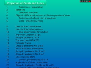 Projection of Points and Lines
1. Projections – Information
2. Notations
3. Quadrant Structure.
5. Projections of a Point – in 1st quadrant.
6. Lines – Objective & Types.
8. Lines inclined to one plane.
9. Lines inclined to both planes.
10. Imp. Observations for solution
11. Important Diagram & Tips.
12. Group A problems 1 to 5
13. Traces of Line ( HT & VT )
14. To locate Traces.
15. Group B problems: No. 6 to 8
16. HT-VT additional information.
17. Group B1 problems: No. 9 to 11
18. Group B1 problems: No. 9 to 1
4. Object in different Quadrants – Effect on position of views.
19. Lines in profile plane
20. Group C problems: No.12 & 13
21. Applications of Lines:: Information
22. Group D: Application Problems: 14 to 23
 